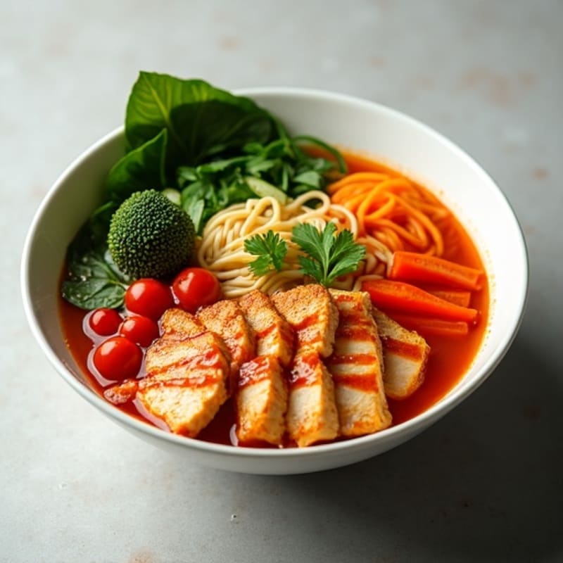 Spicy Sriracha Chicken Ramen Bowl with Fresh Vegetables