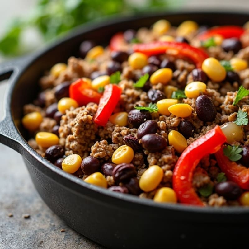 Hearty Ground Beef Skillet with Black Beans, Corn, and Bell Peppers