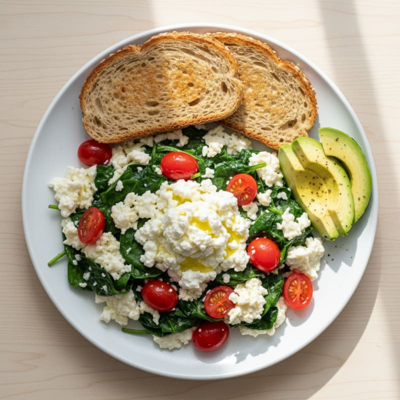 Egg White and Spinach Scramble with Cottage Cheese and Cherry Tomatoes