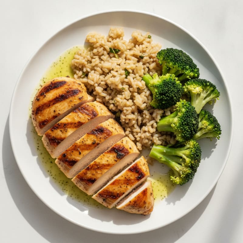 Grilled Chicken Breast with Steamed Broccoli and Brown Rice