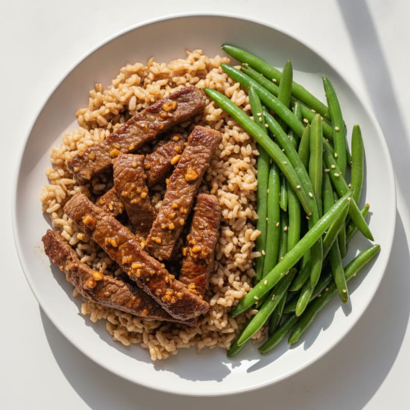 Seared Beef Strips with Steamed Green Beans and Brown Rice