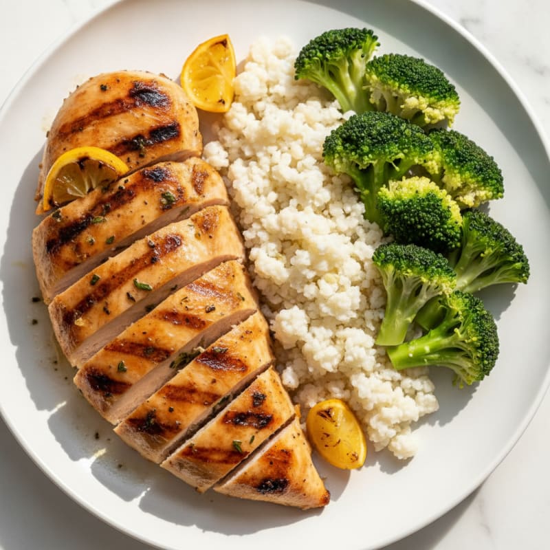 Grilled Chicken Breast with Steamed Broccoli and Cauliflower Rice