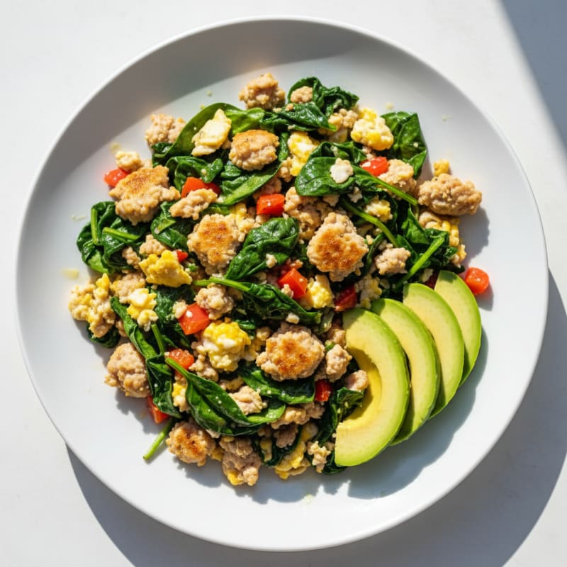 Egg White and Turkey Sausage Scramble with Sautéed Spinach