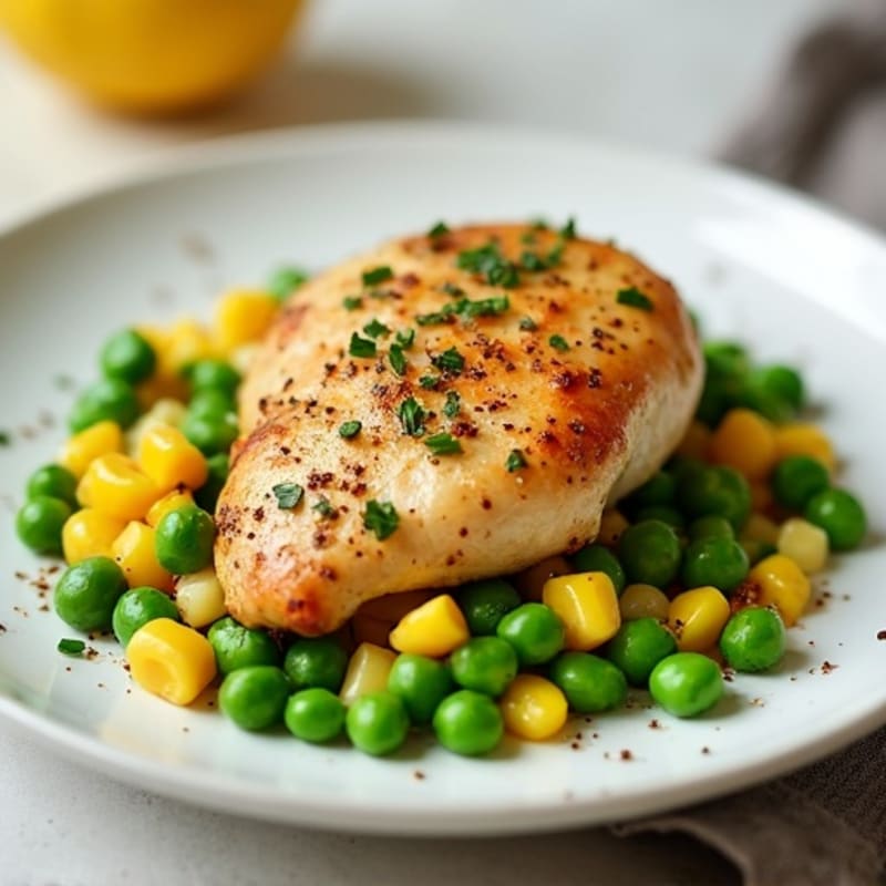Lemon-Garlic Pan-Seared Chicken with Sautéed Peas and Corn