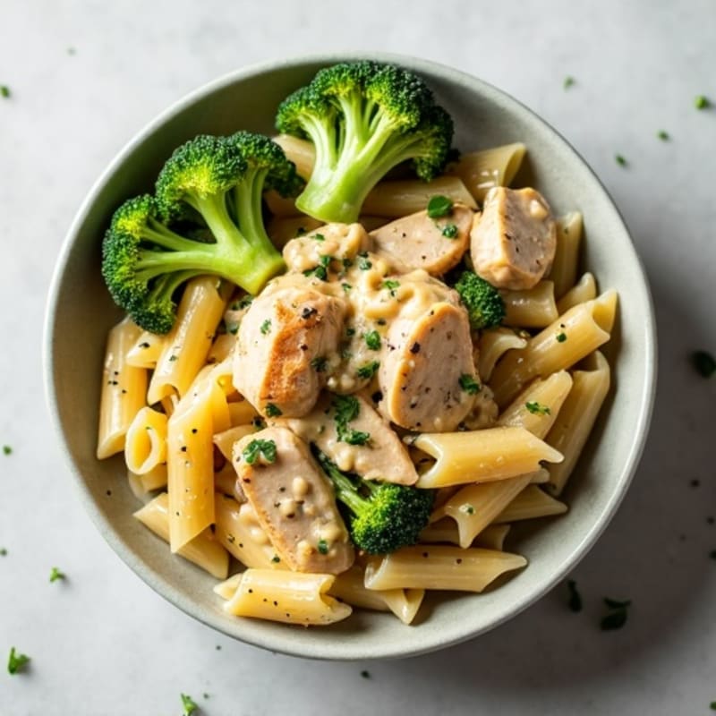 Healthy Creamy Garlic Chicken Pasta with Roasted Broccoli