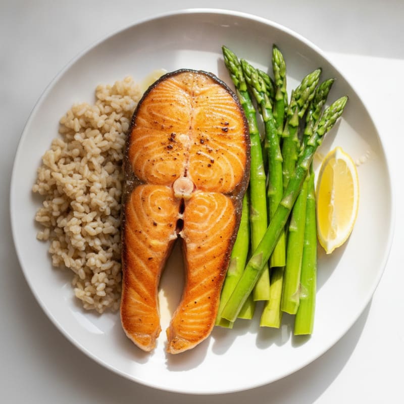 Seared Salmon with Steamed Asparagus and Brown Rice