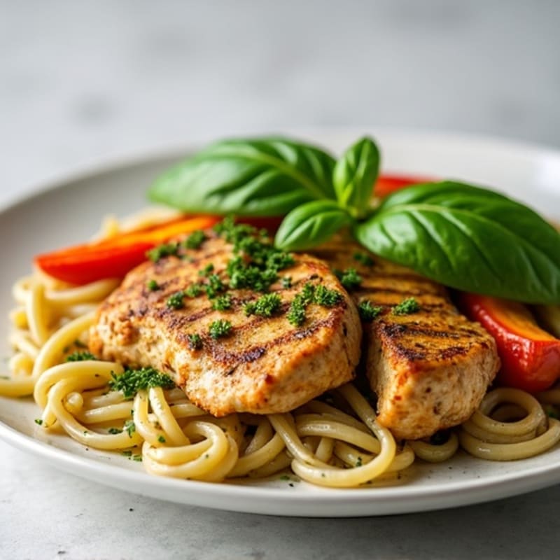 Chicken Pesto Whole Wheat Pasta with Roasted Vegetables