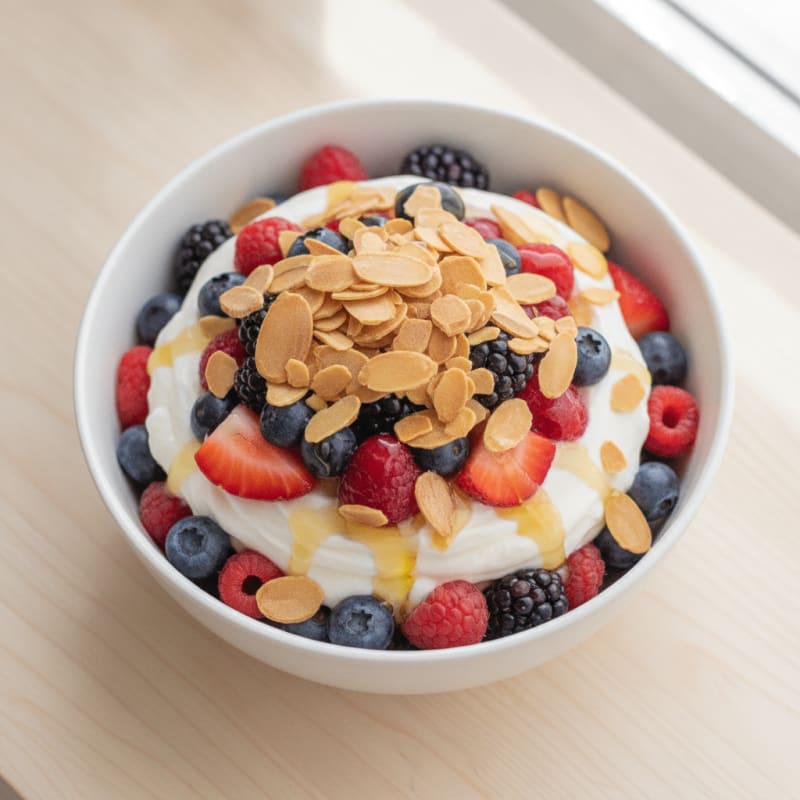 Greek Yogurt Protein Parfait with Mixed Berries and Almonds