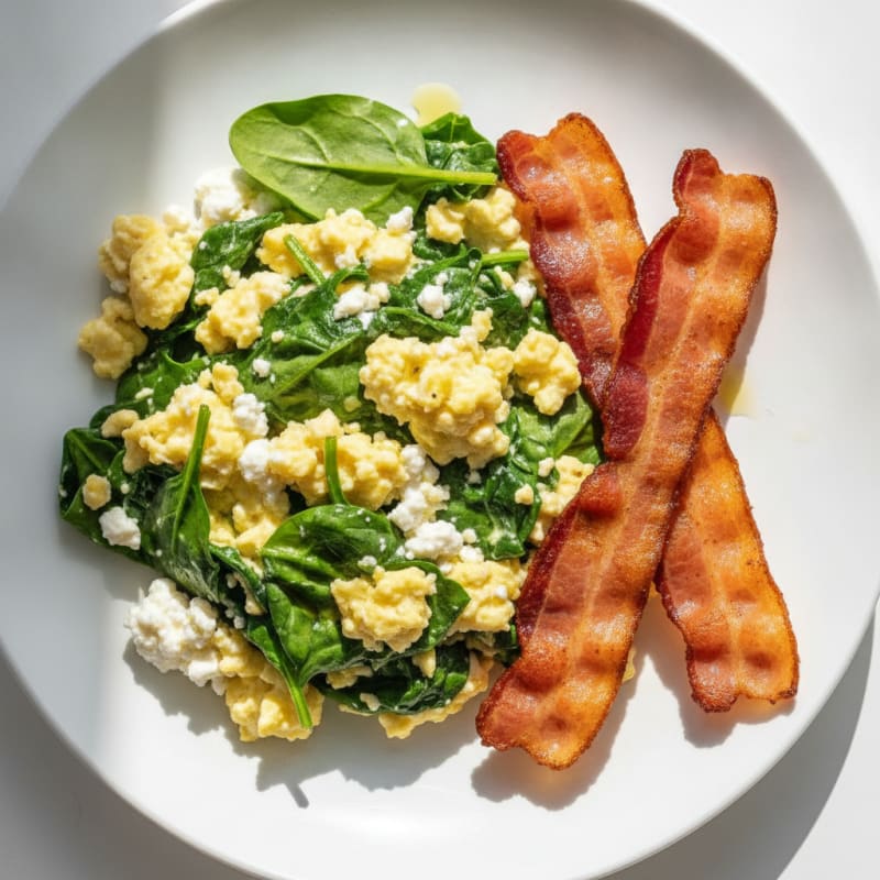 Cottage Cheese Egg Scramble with Spinach and Turkey Bacon