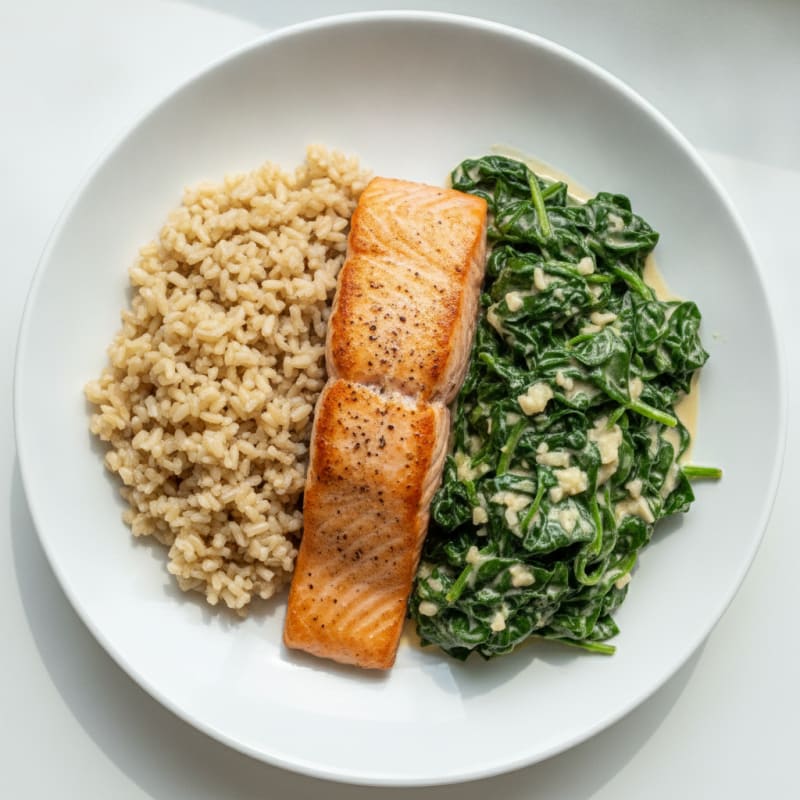 Seared Salmon with Creamy Garlic Spinach and Brown Rice