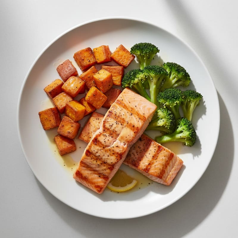 Seared Salmon with Roasted Sweet Potatoes and Steamed Broccoli