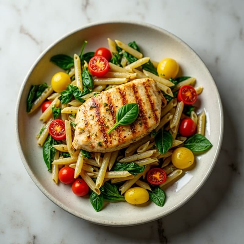 Chicken Pesto Pasta with Roasted Cherry Tomatoes and Fresh Spinach