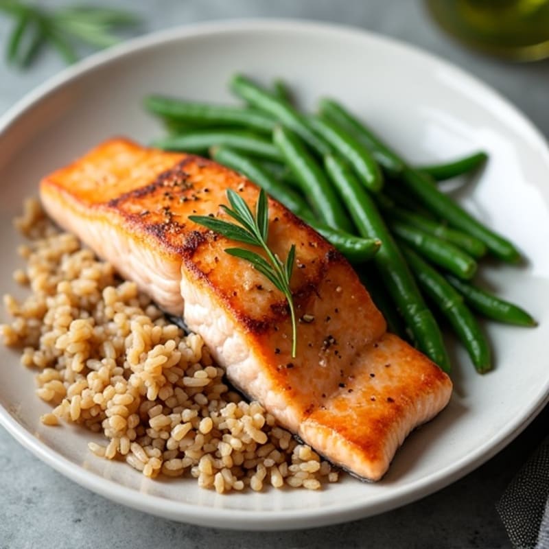 Seared Salmon with Garlic Green Beans and Brown Rice