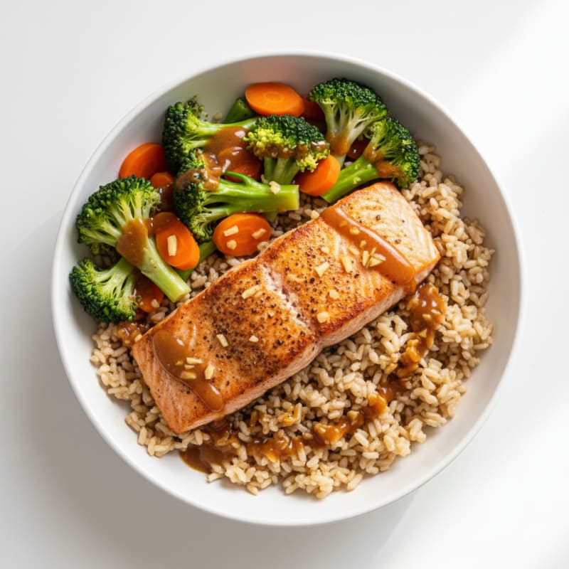 Seared Salmon Rice Bowl with Steamed Vegetables