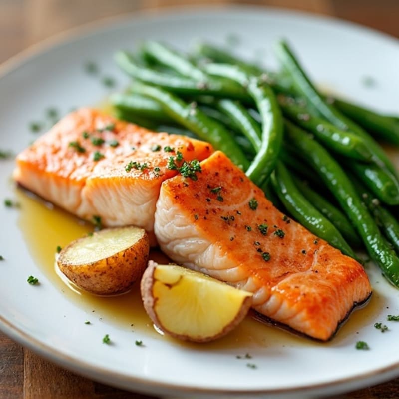 Seared Salmon with Garlic Green Beans and Herb Roasted Potatoes
