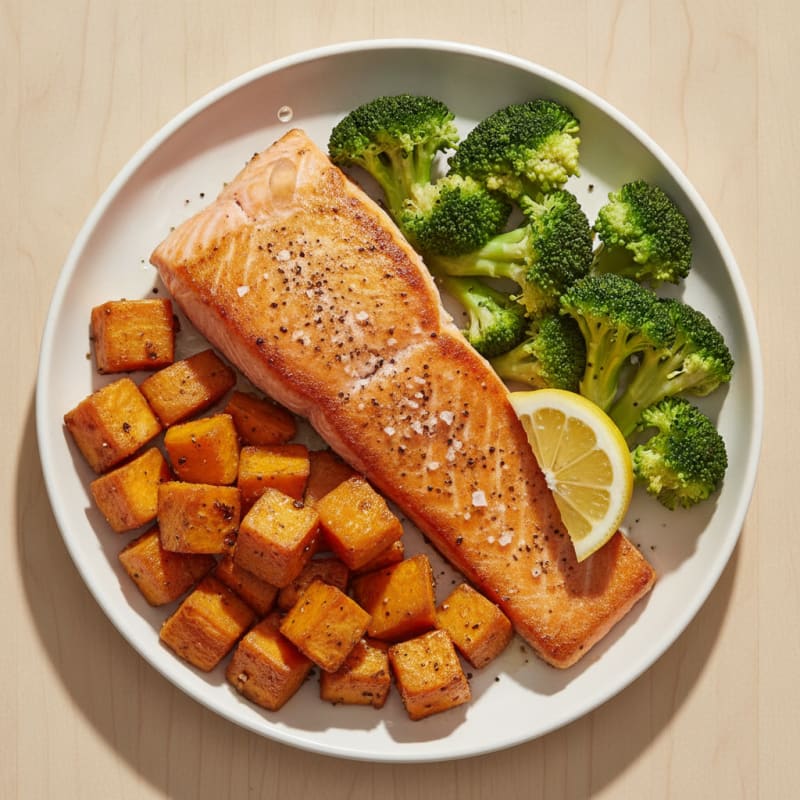 Seared Salmon with Roasted Sweet Potato and Steamed Broccoli