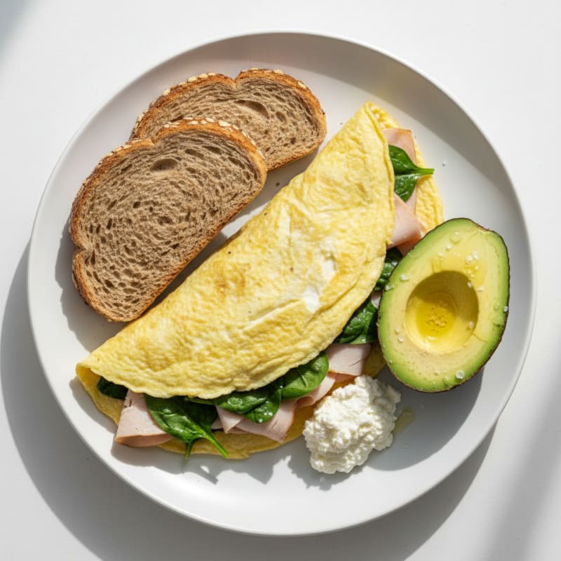 Egg White Spinach Omelet with Cottage Cheese and Sliced Turkey
