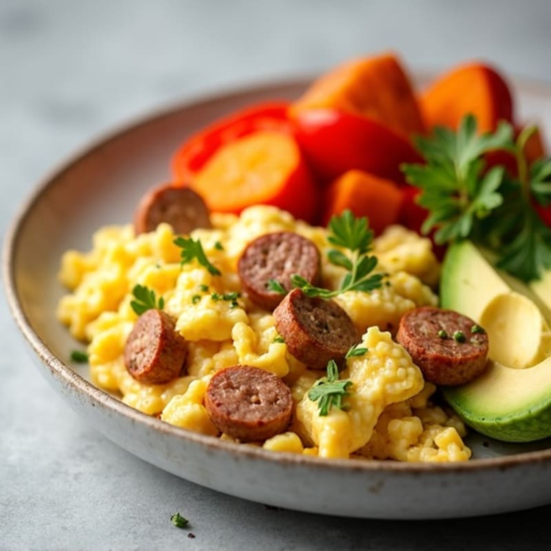 Egg White and Turkey Sausage Scramble with Roasted Sweet Potato & Avocado