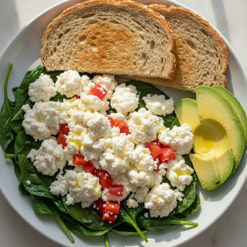 Egg White Veggie Scramble with Cottage Cheese and Sautéed Spinach
