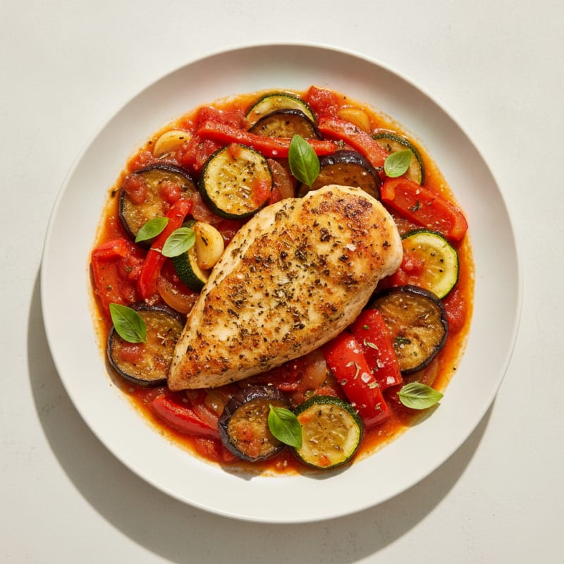 Roasted Vegetable Ratatouille with Herb-Crusted Chicken