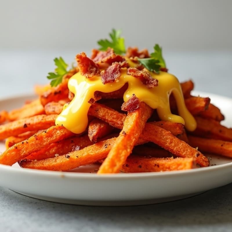 Crispy Roasted Sweet Potato Fries with Savory Bacon Crumbles and Creamy Cheddar Sauce