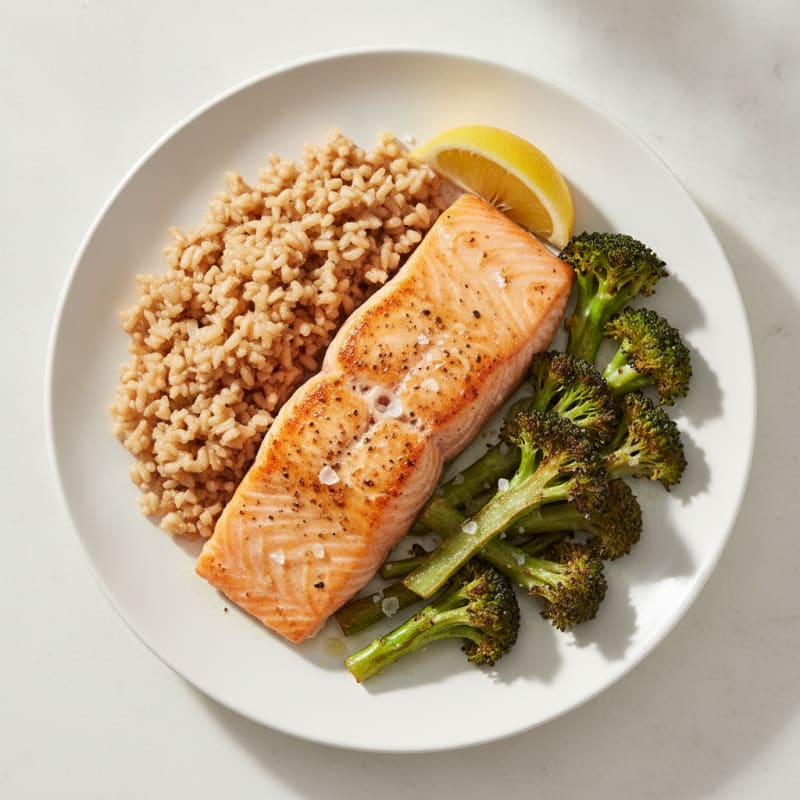 Seared Salmon with Rice and Roasted Broccoli
