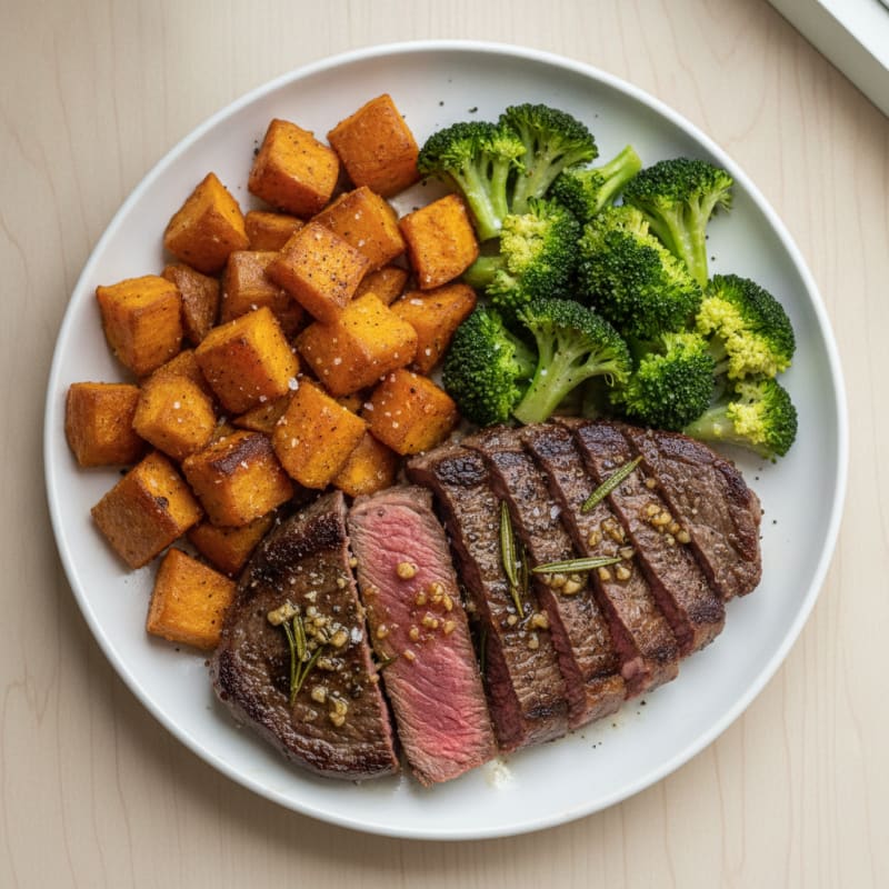 Garlic Herb Steak with Roasted Sweet Potatoes and Broccoli