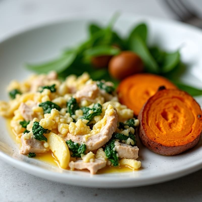 Egg White and Turkey Spinach Scramble with Roasted Sweet Potato