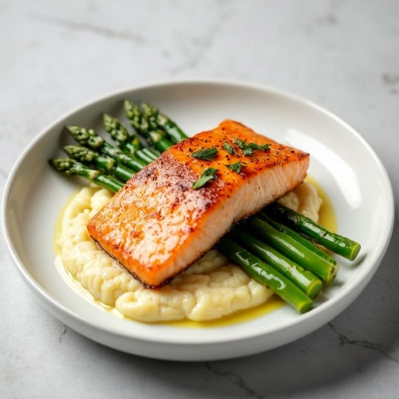 Seared Salmon with Steamed Asparagus and Cauliflower Mash