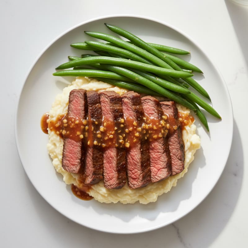 Seared Beef Strips with Steamed Green Beans and Cauliflower Mash