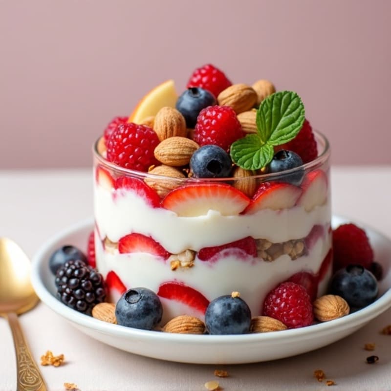 Greek Yogurt Parfait with Berries, Cottage Cheese and Toasted Almonds
