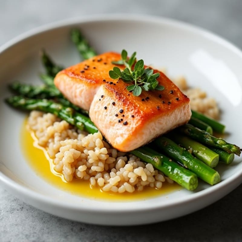 Seared Salmon with Steamed Asparagus and Brown Rice