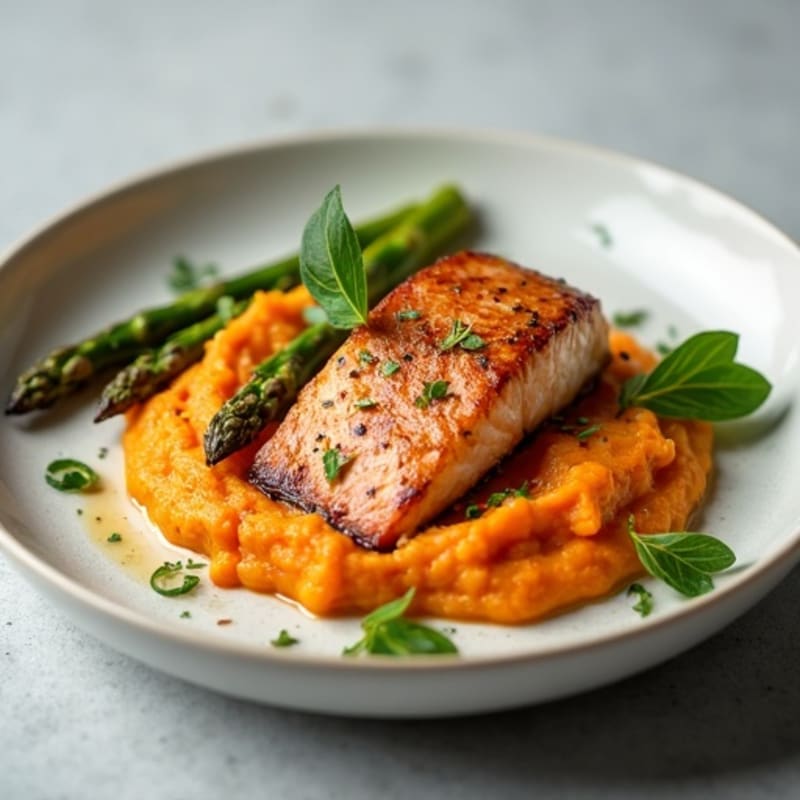 Seared Salmon with Roasted Asparagus and Sweet Potato Mash