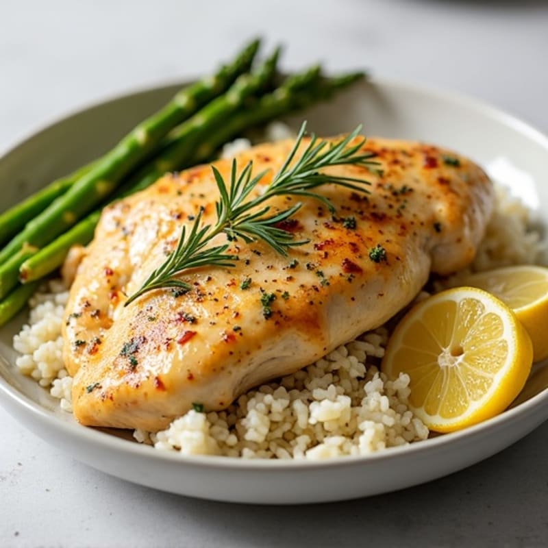 Lemon Herb Roasted Chicken with Fluffy Rice Pilaf and Roasted Asparagus