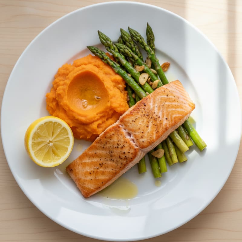 Seared Salmon Fillet with Roasted Asparagus and Sweet Potato Mash