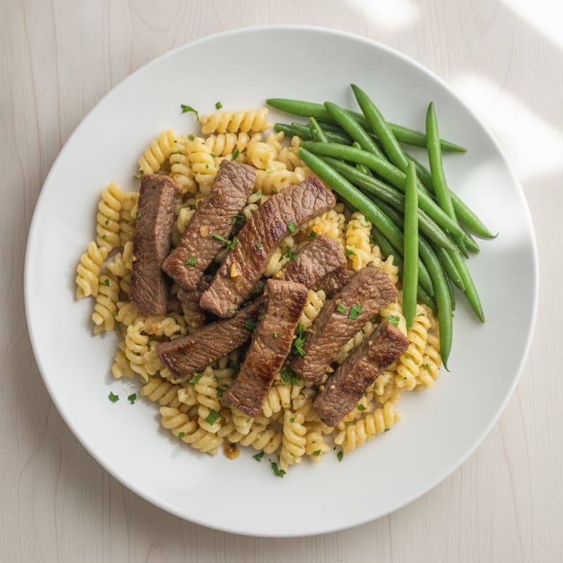 Seared Beef Strips with Garlic Herb Pasta and Steamed Green Beans
