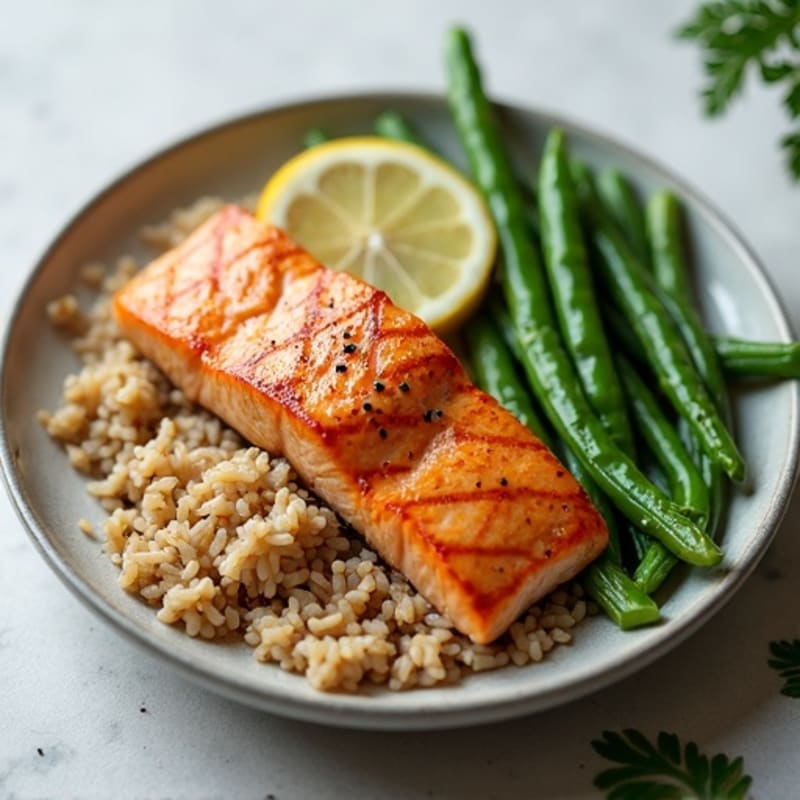 Seared Salmon with Garlic Green Beans and Brown Rice