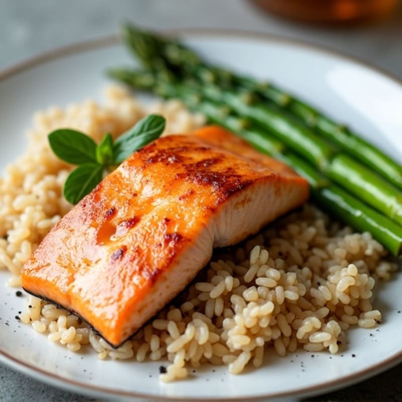 Seared Salmon Fillet with Steamed Asparagus and Brown Rice