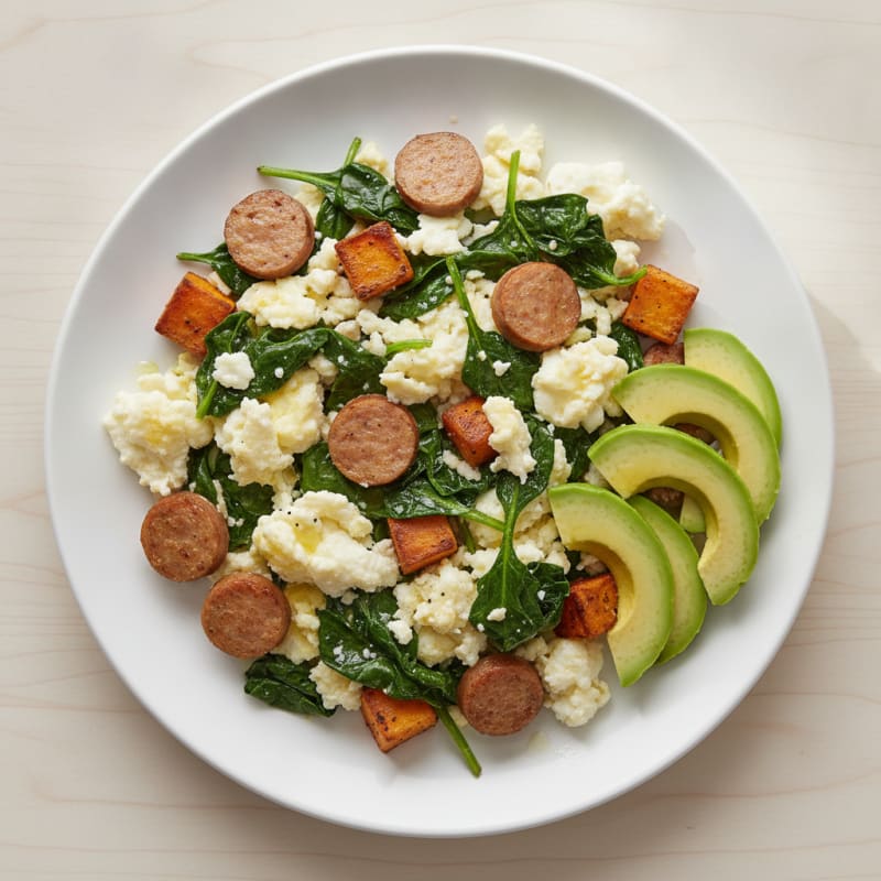 Egg White and Turkey Sausage Scramble with Sautéed Spinach