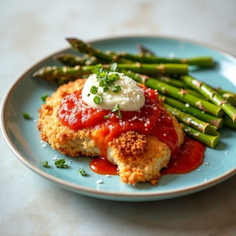 Healthy Crispy Chicken Parmesan with Roasted Asparagus