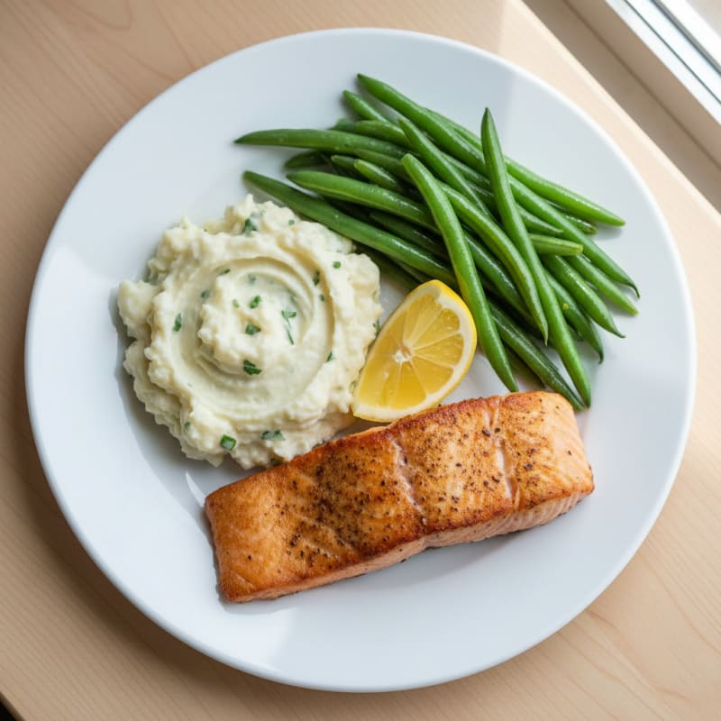 Seared Salmon with Steamed Green Beans and Garlic Mashed Cauliflower