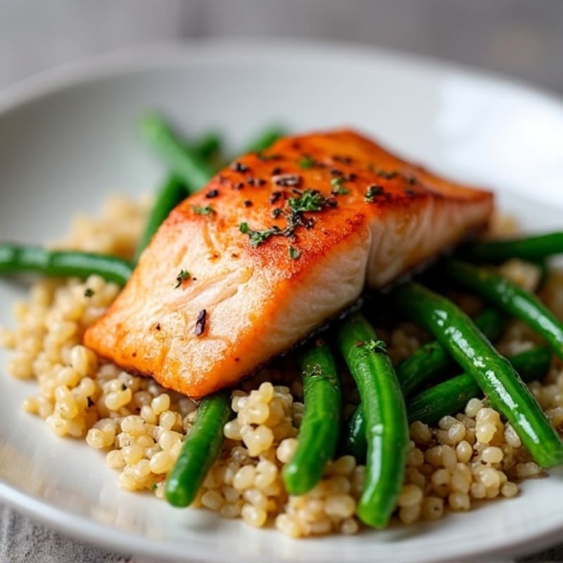 Seared Salmon with Garlic Green Beans and Quinoa