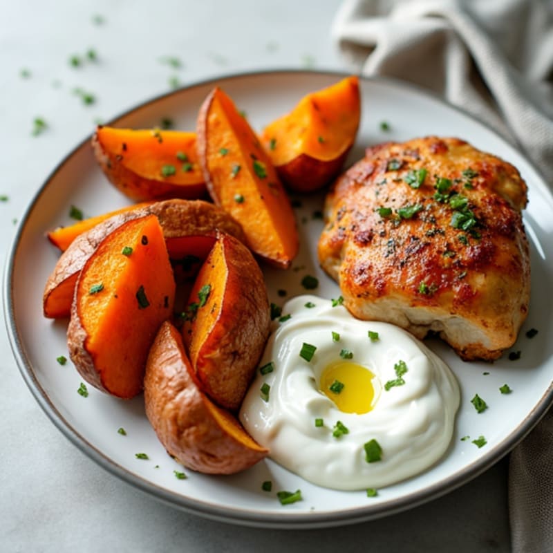Sheet Pan Roasted Chicken Thighs with Sweet Potato Wedges