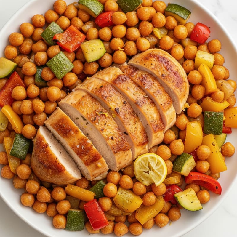 Roasted Chickpea and Vegetable Medley with Lemon-Herb Chicken