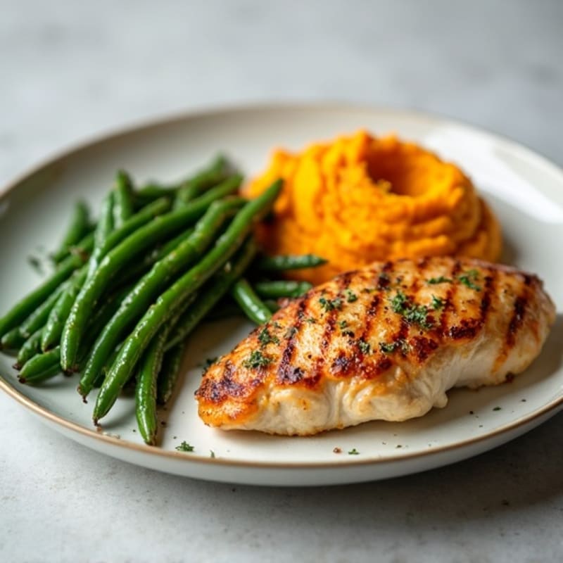 Seared Chicken Breast with Garlic Green Beans and Sweet Potato Mash