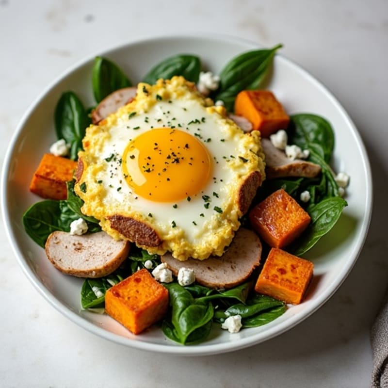 Egg White and Spinach Scramble with Lean Turkey and Roasted Sweet Potato