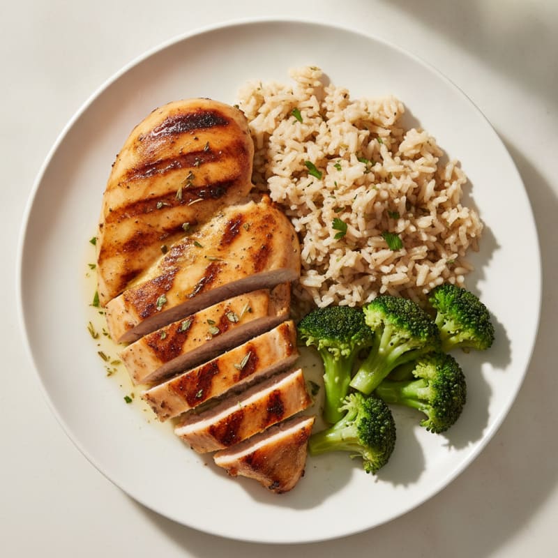 Grilled Chicken Breast with Steamed Broccoli and Herb Rice