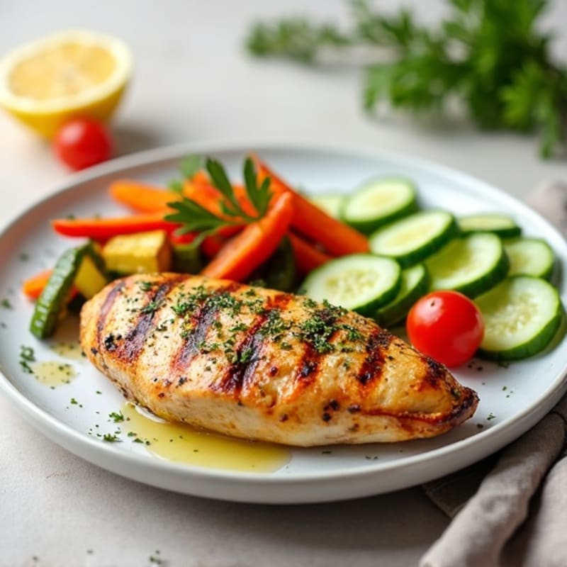 Lemon Herb Grilled Chicken with Roasted Vegetables and Fresh Cucumber Salad