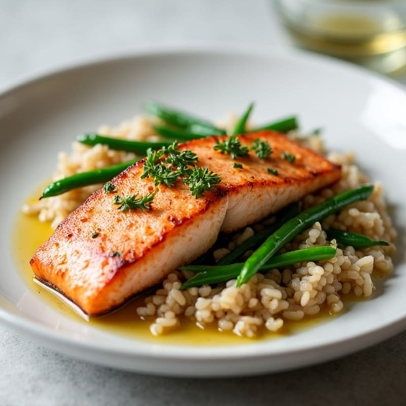Seared Salmon with Steamed Green Beans and Brown Rice