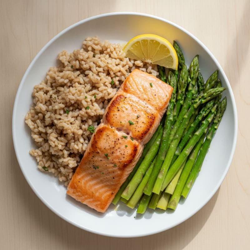 Seared Salmon with Steamed Asparagus and Brown Rice